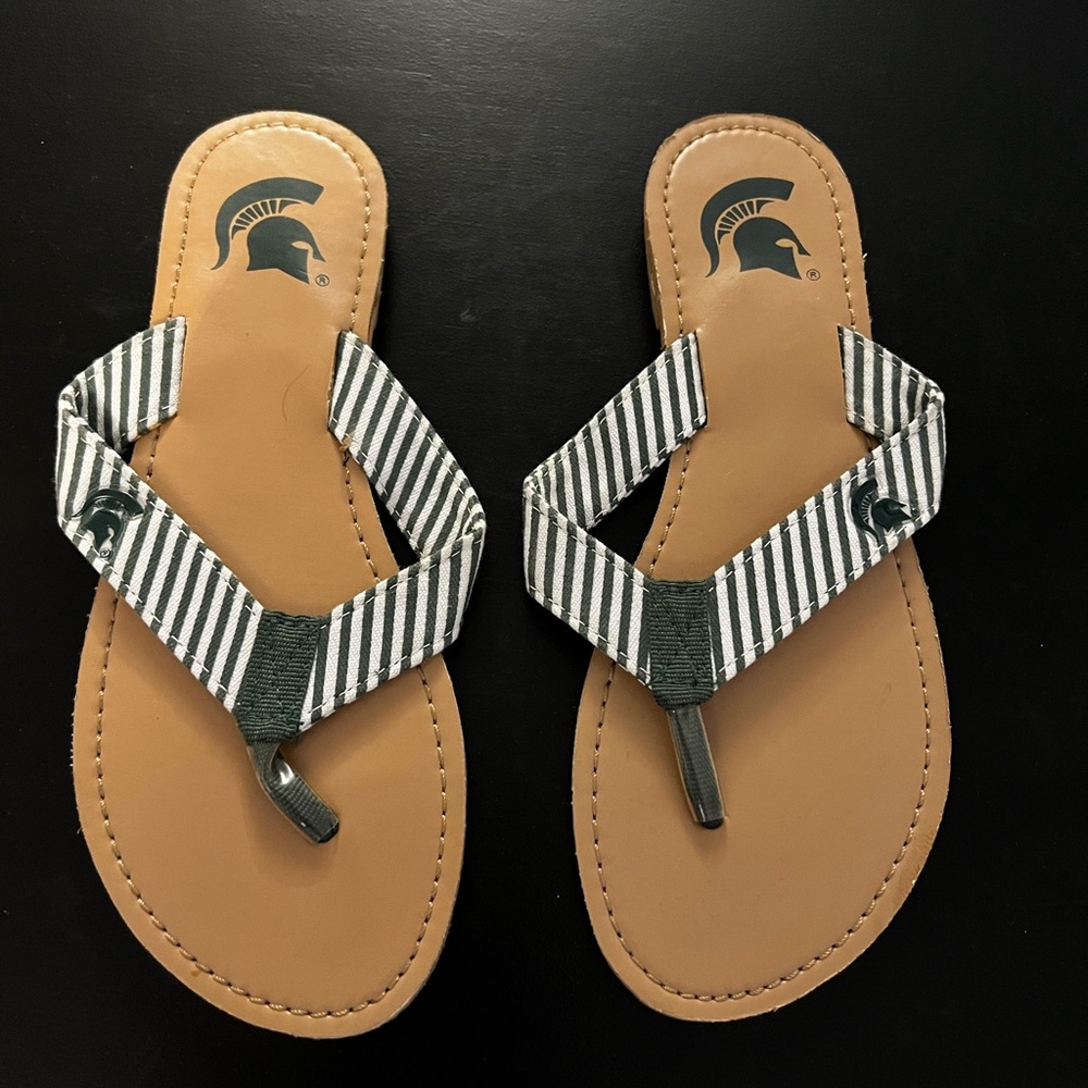 MSU Striped Green and Tan Flip Flops
